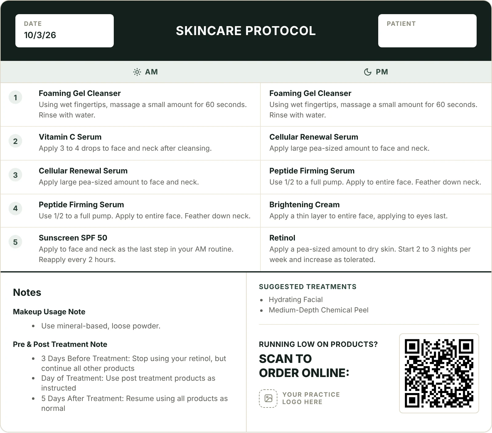 Sample Protocol Builder skincare protocol with numbered AM and PM steps, notes, suggested treatments, and a QR code to reorder